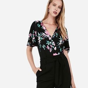 Floral Surplice Front Flutter Sleeve Thong Bodysui